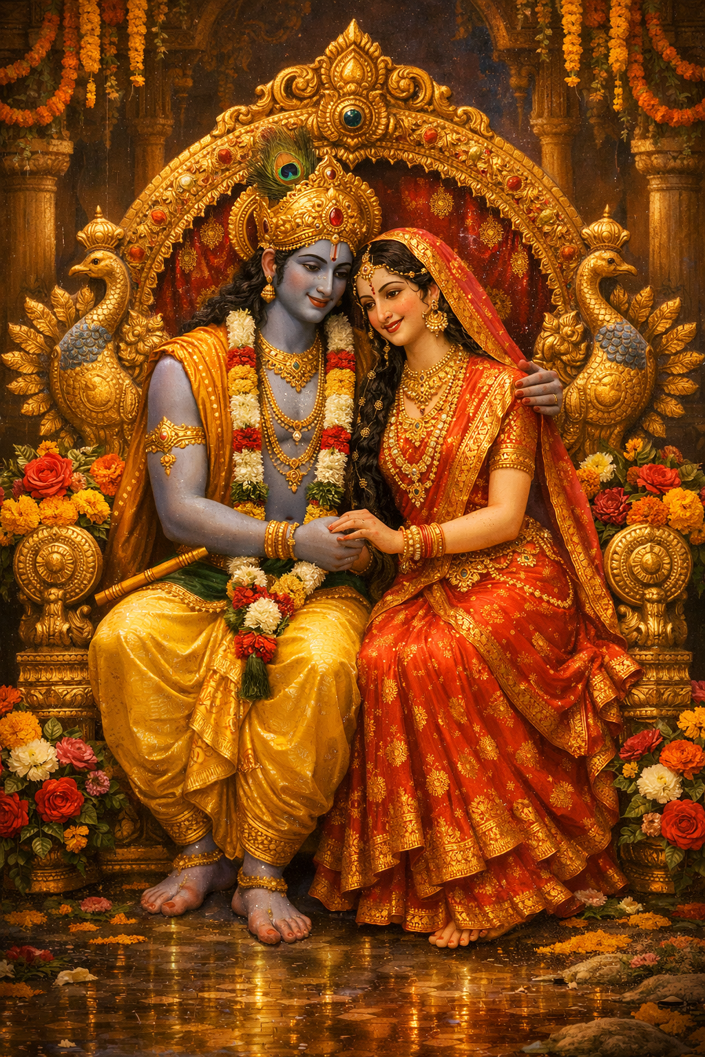 Radha and Krishna sitting on ornate golden throne with carved peacocks and flower garlands in temple interior — HD wallpaper